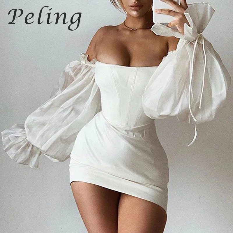 

Peling White Women Autumn Sexy Satin Dresses Off Shoulder Lantern Sleeve Dress With Chest Padded Night Club Short Mini Vestidos