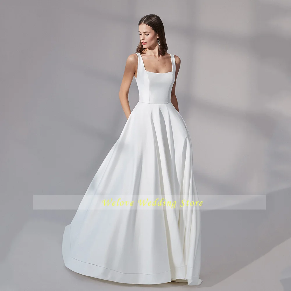 2024 Summer Square Neck Bride Dress For Weddings Cap Sleeve With Pockets Backless Simple Wedding Gown A Line Solid Color Custom