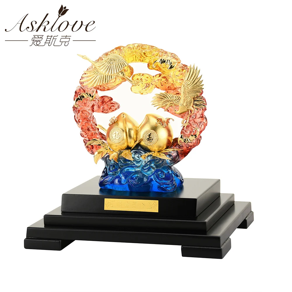 Imagem -04 - Asklove Ouro Guindaste Pêssego Sorte Estatuetas Auspicioso Desktop Ornamento Estátua Presentes para Anciãos 24k Folha de Ouro Artesanato Casa Decoração Presente