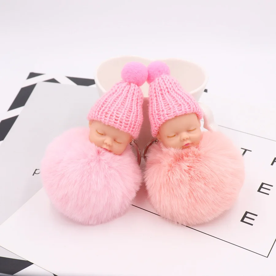 Super Cute Sleeping Baby Keychain Soft Fluffy Plush Doll Pendant Women Girl Bags Key Ring Charming Decoration Keyrings Gift