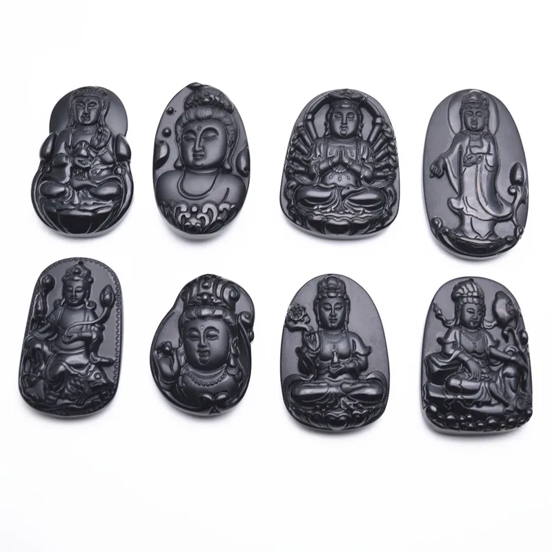 

Carved Guanyin Buddha Black Pendant Natural Obsidian Stone Pendants Gemstone DIY Necklace for Woman Jewelry Making Supplies