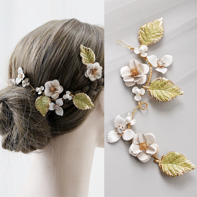 Delicate Hand Painted Floral Bridal Hair Vine Pin Green Leaf Women Headpiece Vintage Wedding Prom Hair Ornament