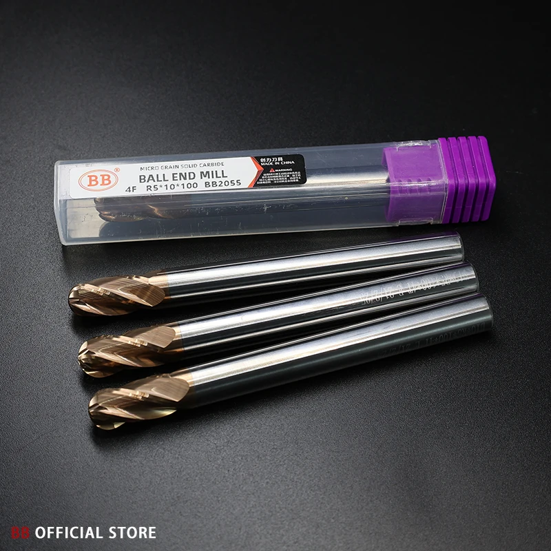 BB 4 Flute Ball Nose End Mill 3 Teeth Solid Carbide CNC Profile Finishing Machining Radius R0.5-R10 Steel Al Copper Cutting Tool