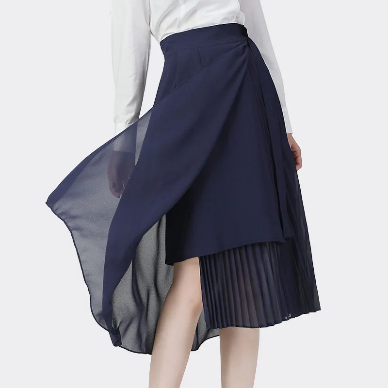 

Chiffon Skirt Women 2021 Summer Blue Pleated Skirts Patchwork Design High Waist A-Line Mid-Length Plus Size Ladies Casual Skirts