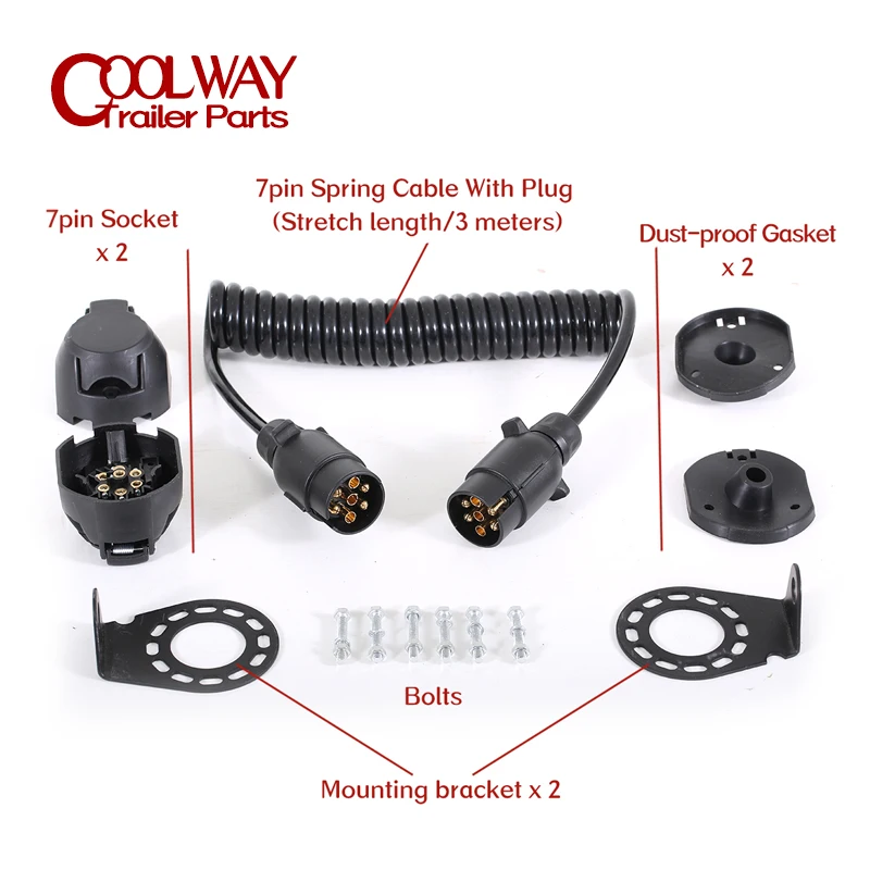 3 Meters 7pin Spring Cable With Two Plugs And Sockets Mounting Brackets Trailer Parts Connector Suit