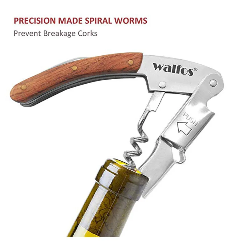 WALFOS High Quality  Wood Handle Professional Wine Opener Multifunction Portable Screw Corkscrew Wine Bottle Opener Sea Horse