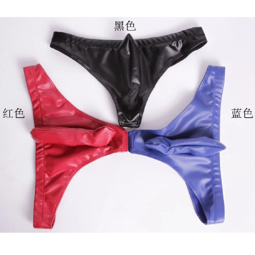 Men\'s Sexy Oil Glossy Latex Underwear PU Open Crotch JJ Set Pouch Briefs Low Waist House Home Gay Wear Night Appeal Undershorts