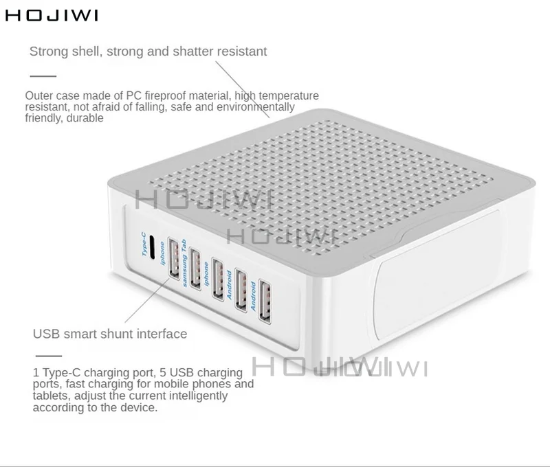 HOJIWI 6 in 1 Charger 100W USB Type C  Fast Charger with Quick Charge 3.0 USB Phone Charger For MacBook Laptop Smartphone AF02