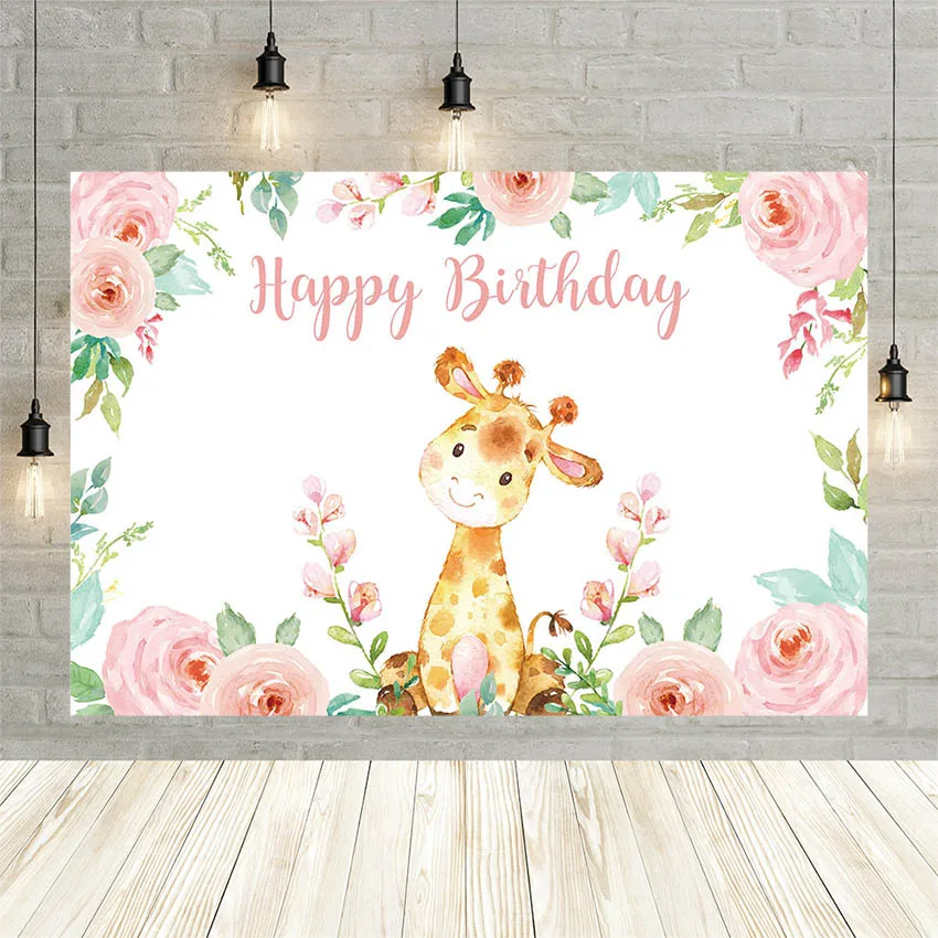 Avezano Photography Background Cartoon Giraffe Pink Flower Newborn Baby Girl Birthday Party Banner Backdrop Decoration Photozone