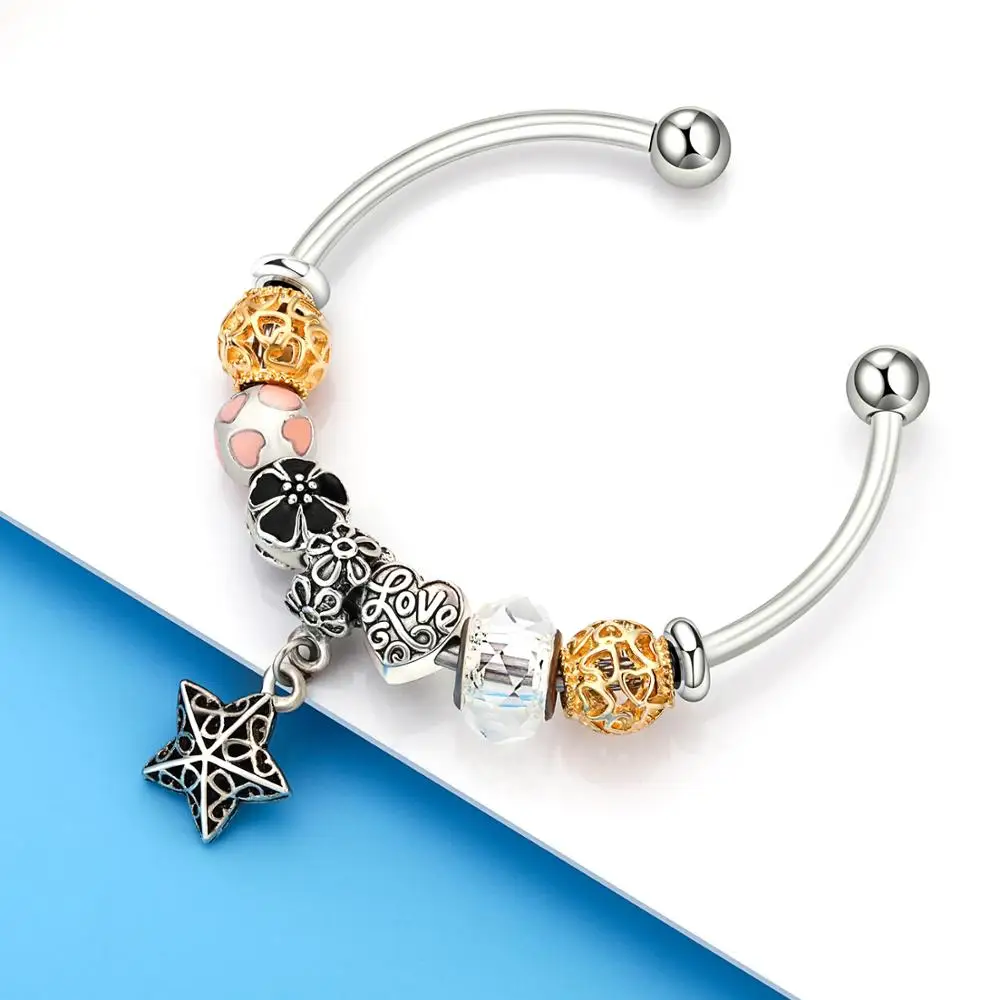 Women Stainless Steel Starter Charms Bracelet DIY Bangle Fit Beads for Girl