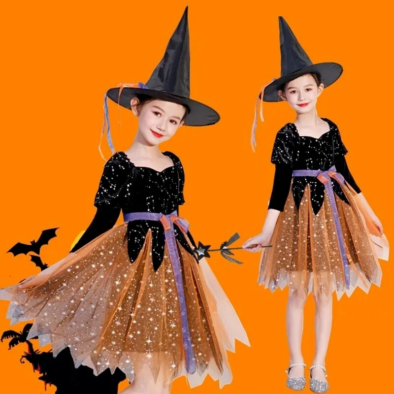 

LED Light Up Glowing Girl Witch Costume with Hat Novel Dress Role-playing Party Fancy Wedding Festival