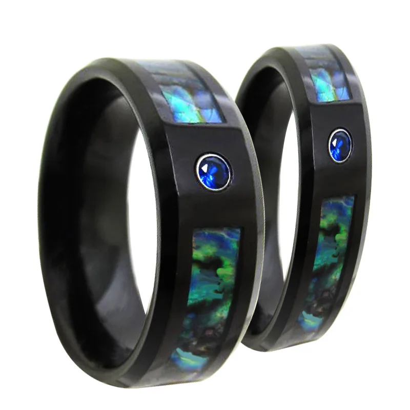 

Black Rings 6mm/8mm Width Colorful Abalone Tungsten Rings With Blue CZ Stones for Woman Man Size 6-13, Free Shipping