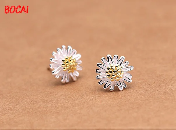 999 sterling silver flower daisy flower earrings pure silver three-dimensional vivid, fresh and simple temperament