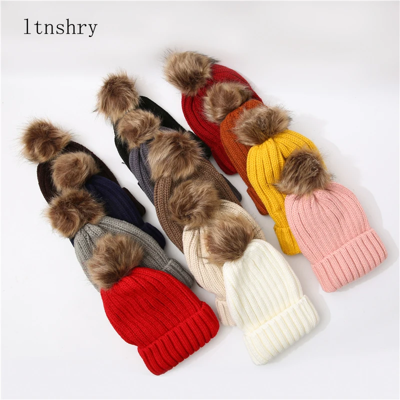 

New Winter Female Fur Pom Poms hat Winter Hat For Women Girl 's Hat Knitted Beanies Cap Hat Thick Women Skullies Beanies