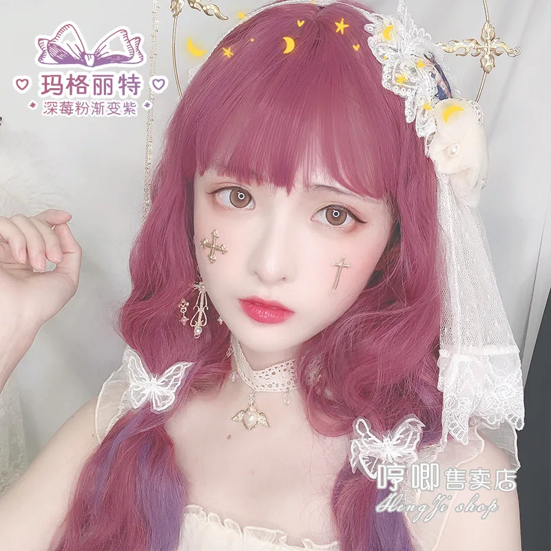 Vrouwen Lang Krullend Haar Lolita Natuurlijke Internet Celebrity Lo Paars Gradiënt Meisje Nep Haar Anime Cosplay Sweet Lolita Pruik