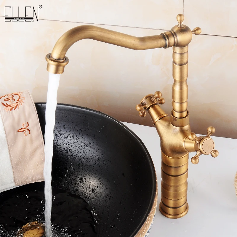 

ELLEN Antique Bronze Bathroom Sink Faucet Tall Deck Mounted Water Mixer Dual Handle Hot Cold Vessel Sink Taps ELK410