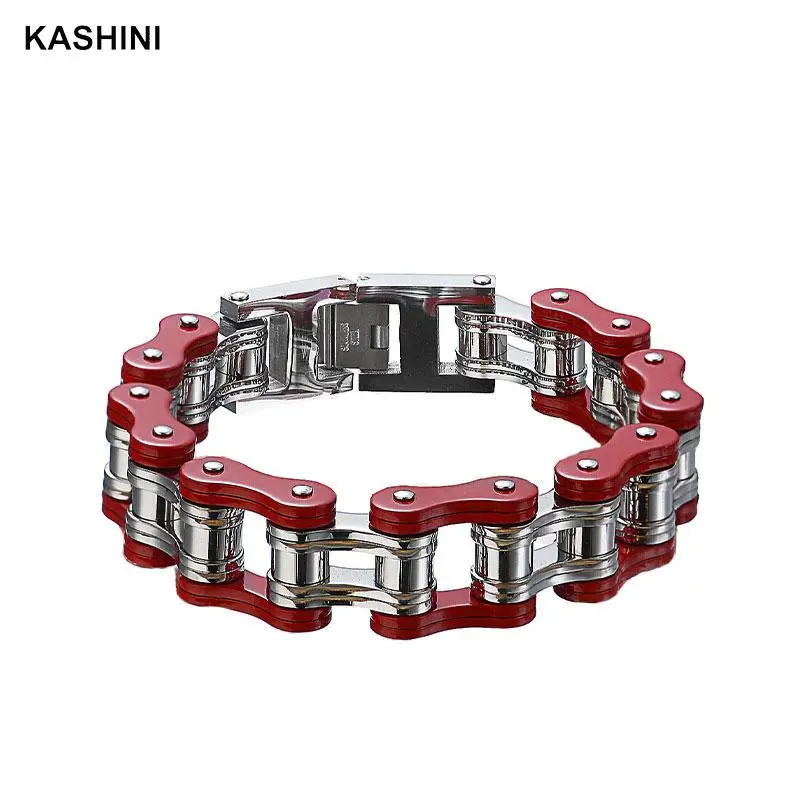 Fashion Men's Chain Bracelets Bangles Red Motorcycle Biker Bicycle Chain Link Bracelets for Men  Stainless Steel Punk Jewelry