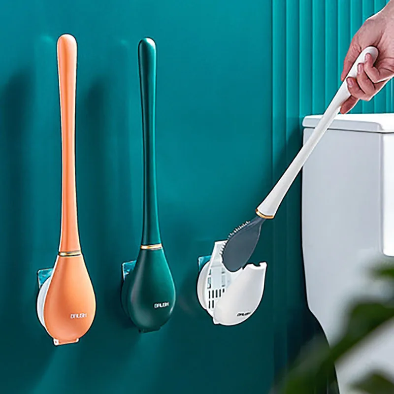 Silicone Toilet Brushes  With Holder Set Wall-Mounted Long Handled Toilet Cleaning Brush Modern Hygienic Bathroom Accessories