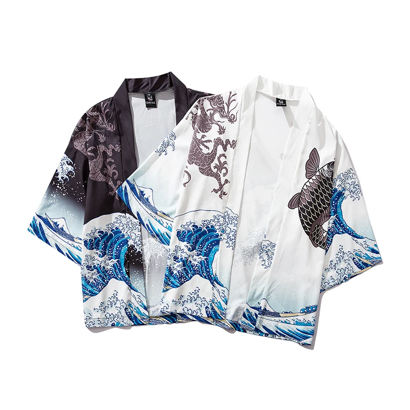 Beach Yukata Black Kimono Cardigan Women Men Japanese Obi Men's Haori Japanese Wave Carp Print Coat Traditional Japan Clothing