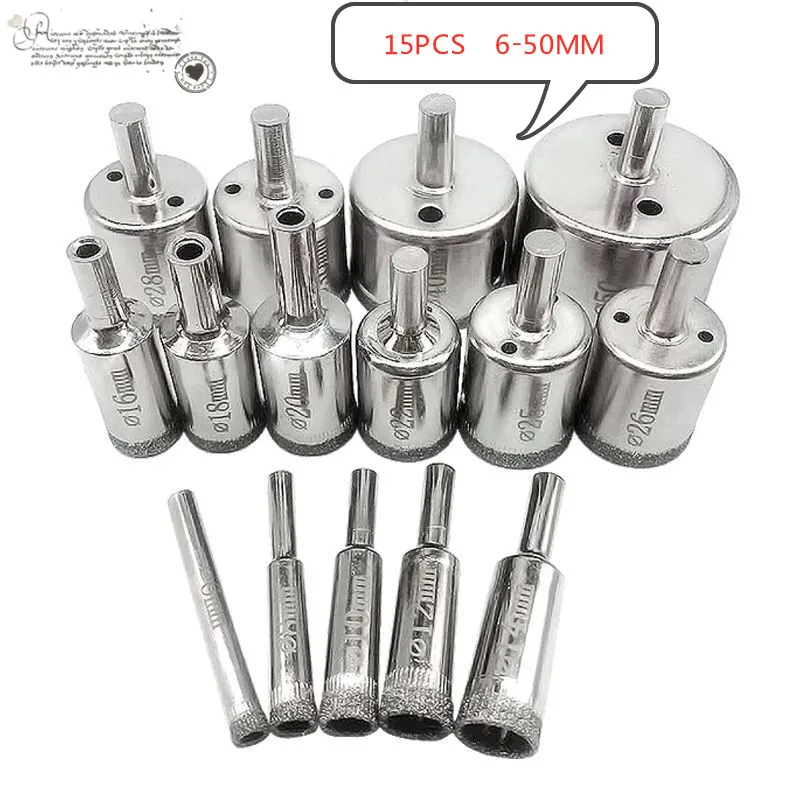 

Diamond Coated Drill Bit Set, Tile, Marble, Glass, Ceramic Hole Saw, Drilling Bits for Power Tools, 6mm-50mm, 15Pcs