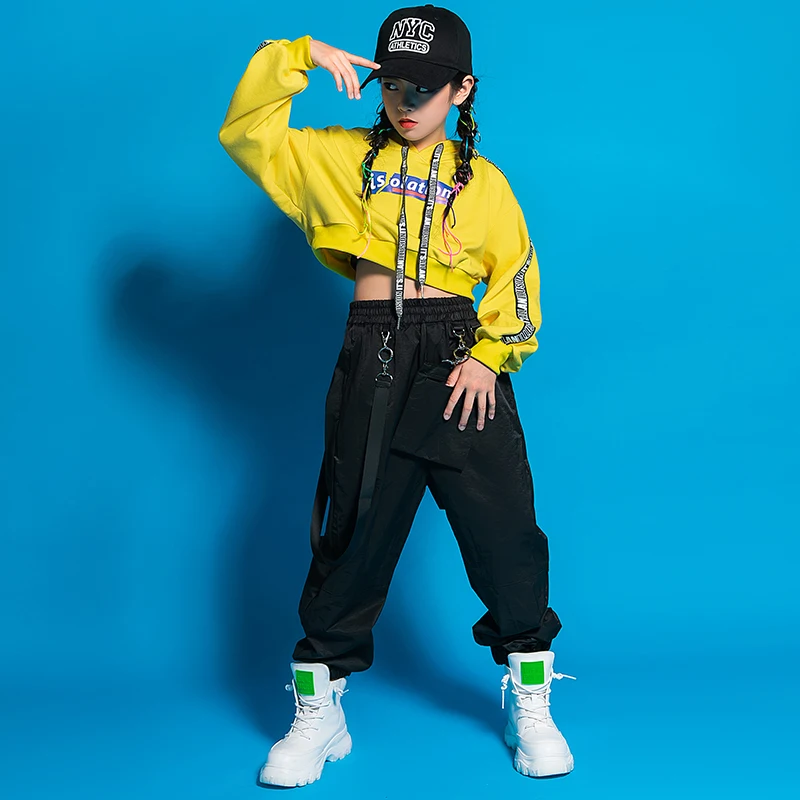 Jazzdanskostuum Meisjes Hip Hop Cothing Geel Tops Cargo Zwarte Broek Lange Mouw Hiphop Outfits Stage Performance Wear BL5967