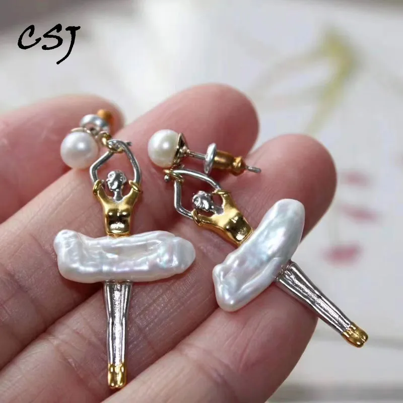 

CSJ Natural White Baroque Drop Keshi Pearl Earrings Sterling 925 Silver Paris Girl Necklace for Women Wedding Party Gift