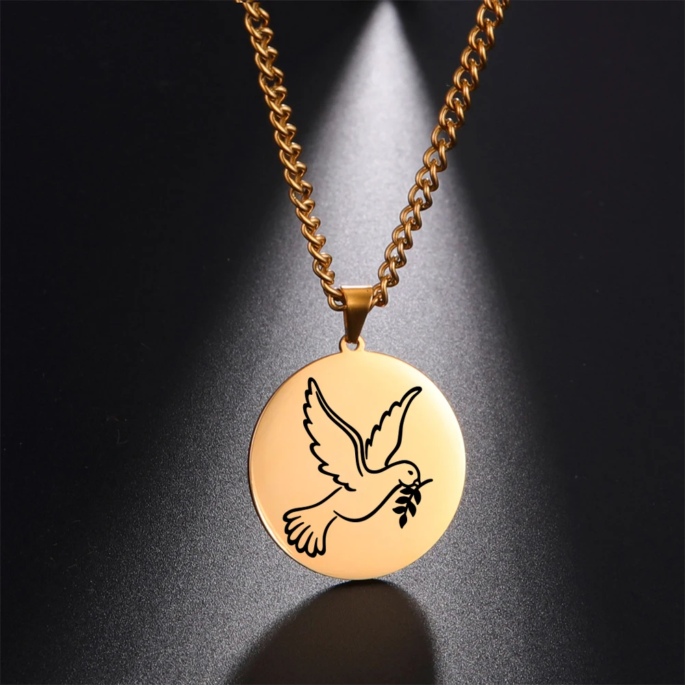 My Shape Peace Dove Pigeon Round Pendant Necklace for Women Girl Stainless Steel Bird Aesthetic Necklaces Choker Fashion Jewelry