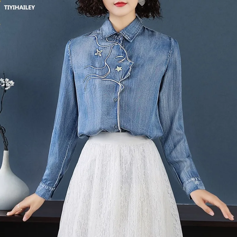 

TIYIHAILEY Free Shipping Fashion Cotton Denim Shirts For Women Full Sleeve Embroidery Blouses Tops S-XL Single Breasted Vintage