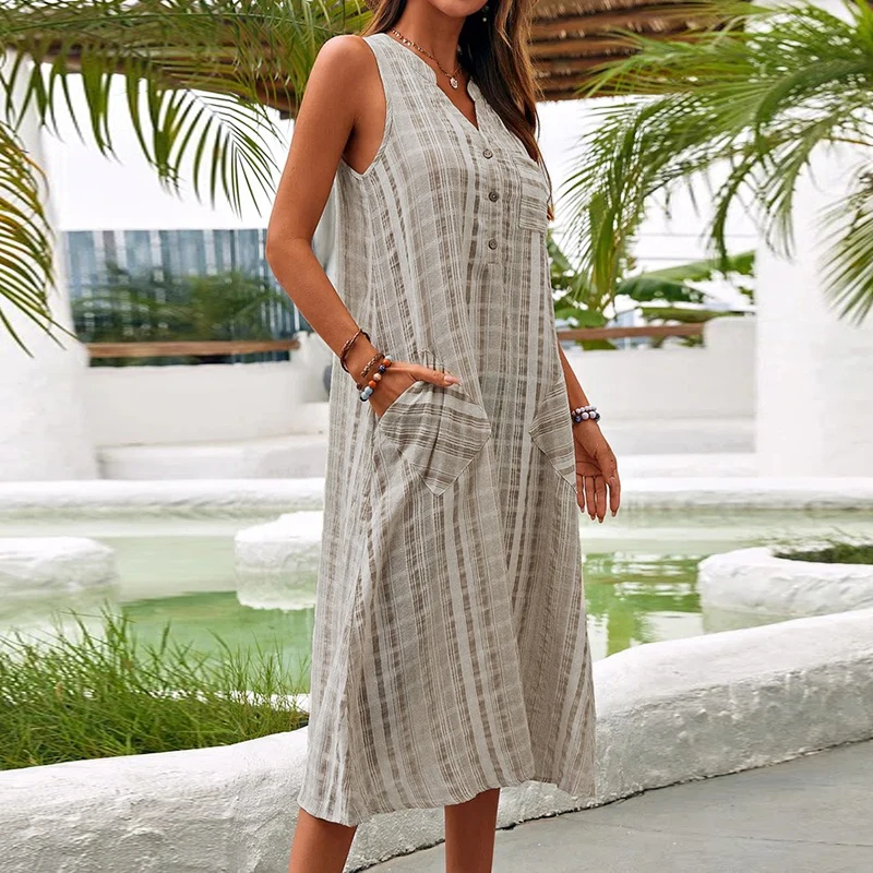 Summer Dress Women V Neck Sleeveless Pocket Button Loose Maxi Dresses Vintage Print Party Dress 2022 A-Line Beach Dress