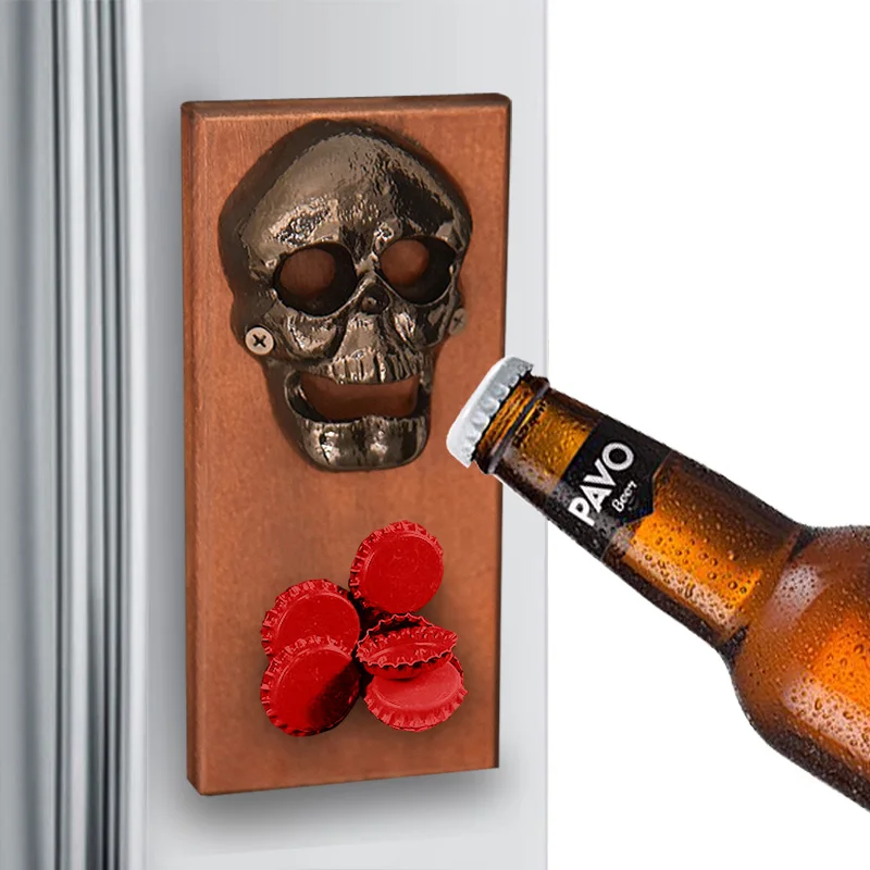 Skull Wall-Mounted Wooden Base Beer Bottle Opener Vintage Bottle Opener Bar Screwdriver Skull Magnet Refridgerator Magnets