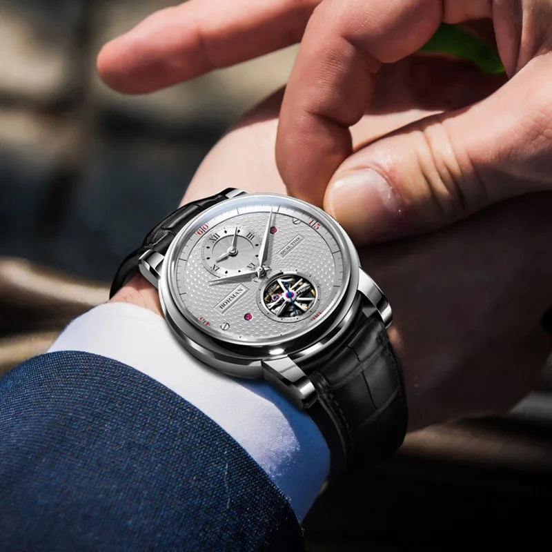 BORMAN automatic men watch luxury brand mechanical self wind wrist watches leather band dress relogio masculino dual time zone