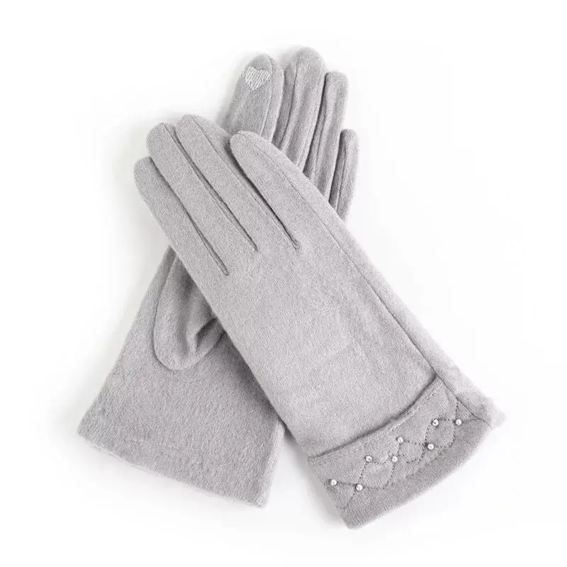 

Fashion Women Autumn Winter Warm Cashmere Acrylic Touch Screen Gloves Female Thin Pearl Bow Embroidery Driving Glove D90