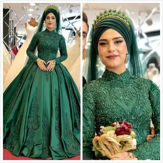 Vestido de novia de cuello alto con cuentas de encaje verde cazador musulmán árabe, vestidos de novia de manga larga, vestido de matrimonio precioso, bata de marie