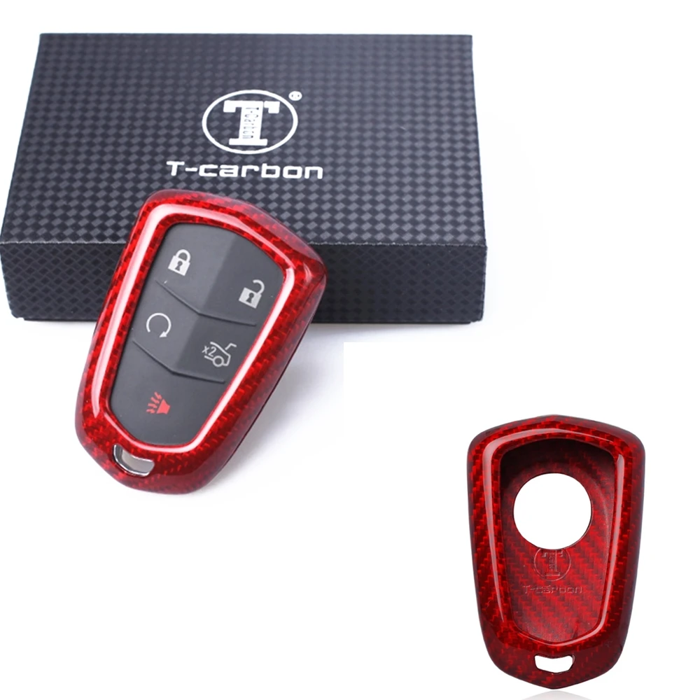 For Cadillac CTS ATS V Auto Remote Smart Key Fob Cover Trim Car Keychain Cap Shell Red Luxury Rear Carbon Fiber Snap On Case Kit