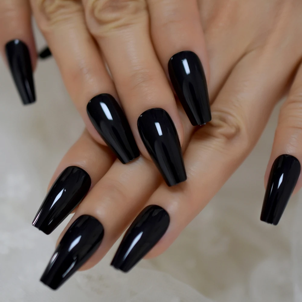 Plain Solid Black Long Ballerina Press on UV Fake Art Nail Tips Coffin Tapered Shape Salon False Finger Nails Faux Ongle