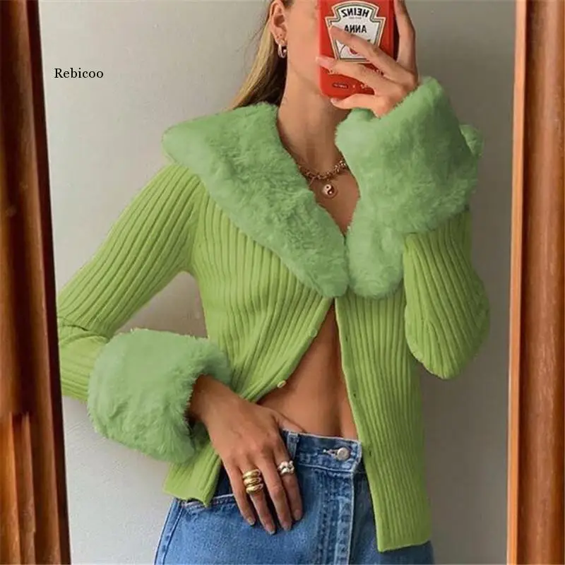 Sexy Ribbed Knitted Ladies Cardigans Sweaters with Fur Trim Collar Long Sleeve Slim Autumn Winter Jumpers Sweater Women Knitwear