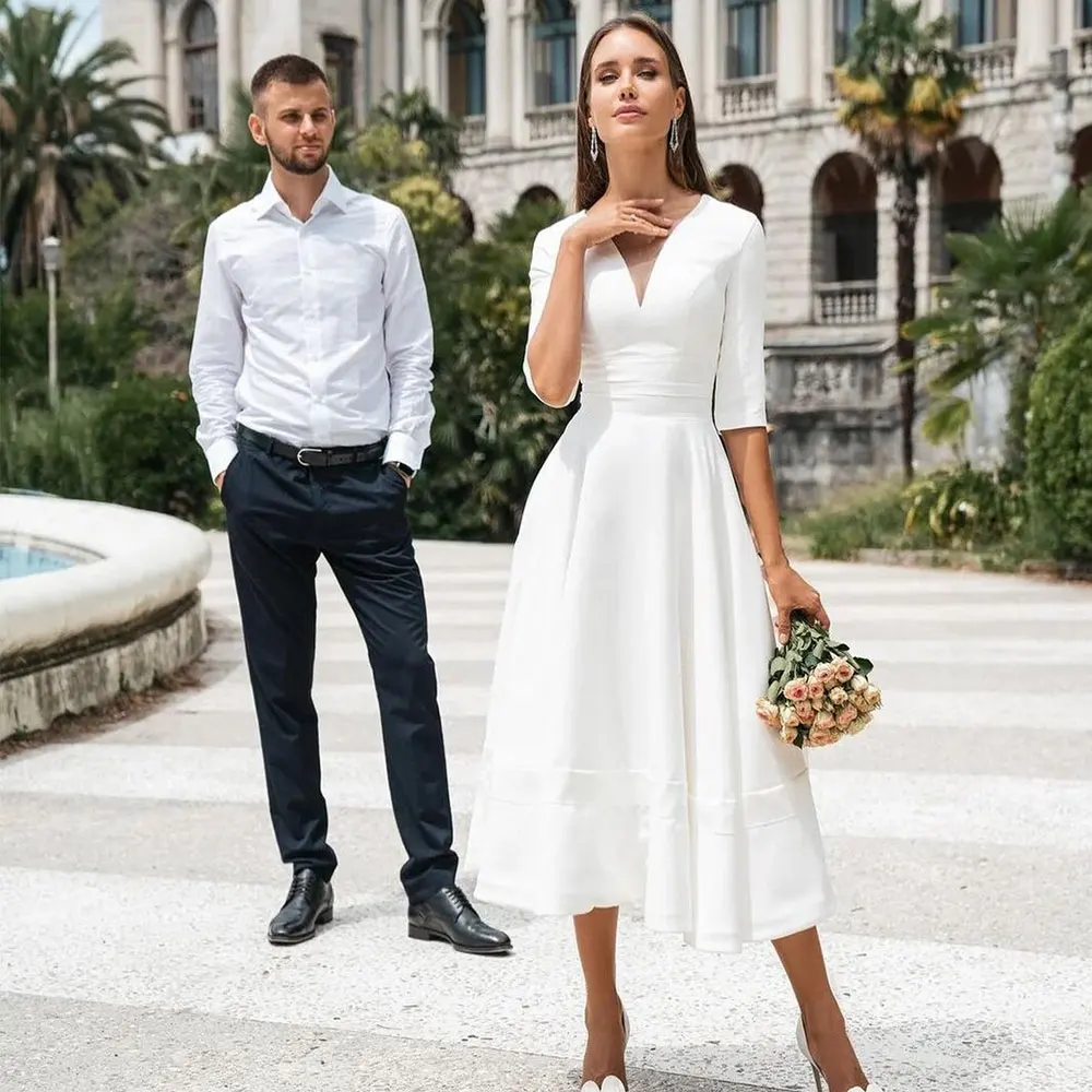 Vestido De novia corto De gasa con cuello en V, sencillo, hecho a medida, De manga larga, barato, 2021