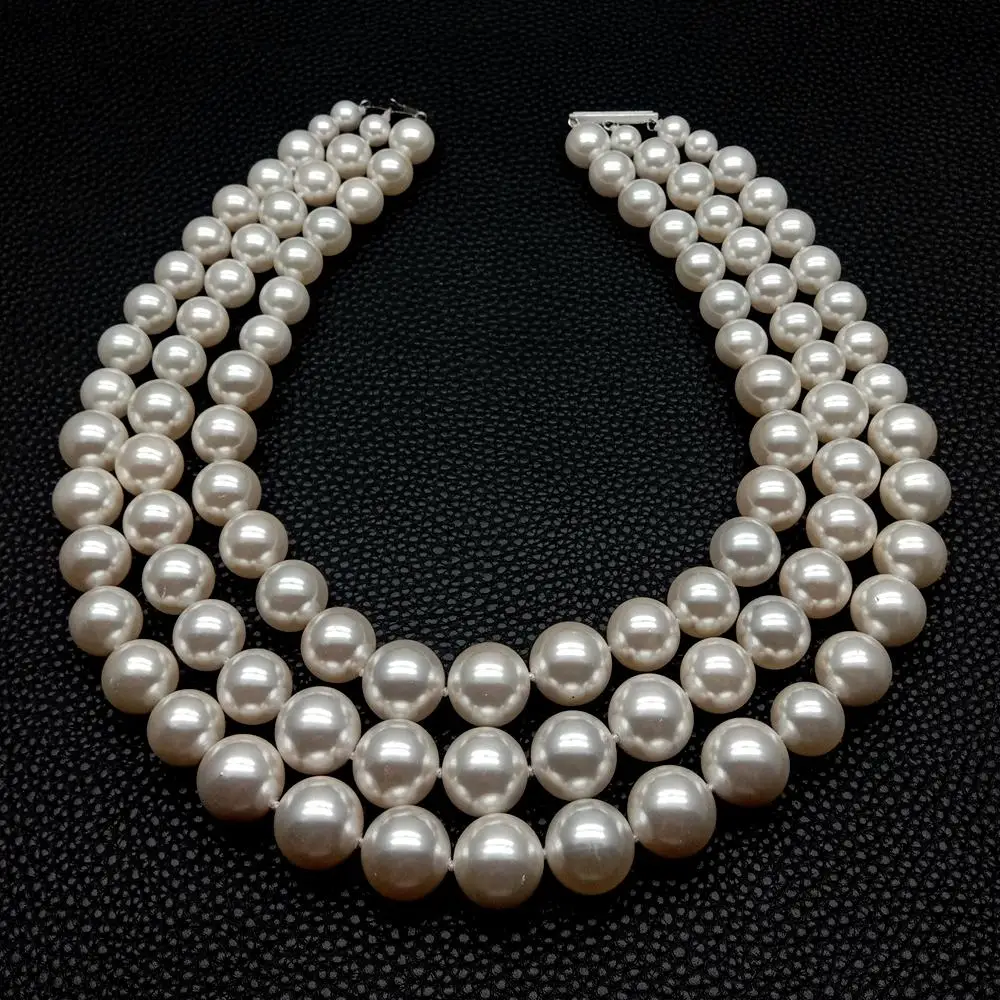 Y·YING 3 Rows White Sea Shell Pearl Graduated Necklace Multi Layers Jewelry