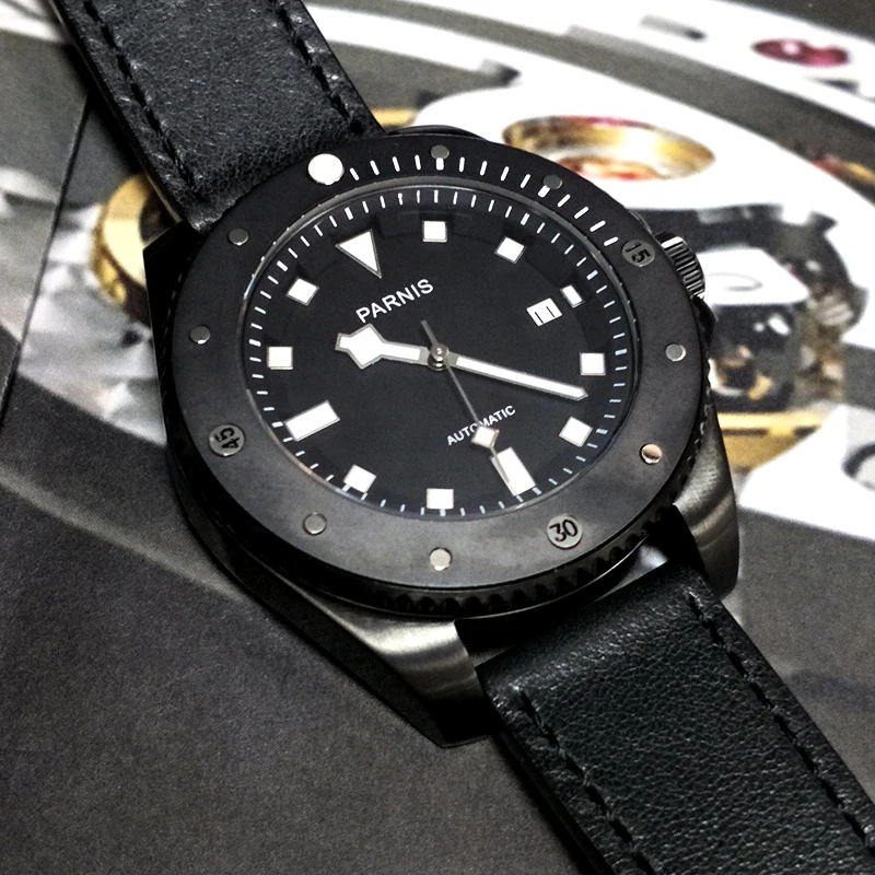 Fashion Parnis 43mm quadrante nero orologi da uomo automatici vetro zaffiro calendario meccanico Miyota 8215 movimento orologio da polso 2020