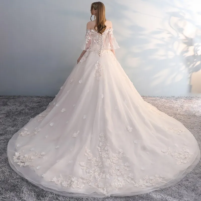 

Sexy Boat Neck Wedding Dresses Floral Print Strapless Illusion Flare Sleeve A-line Backless Slim Lace UP Bridal Gowns