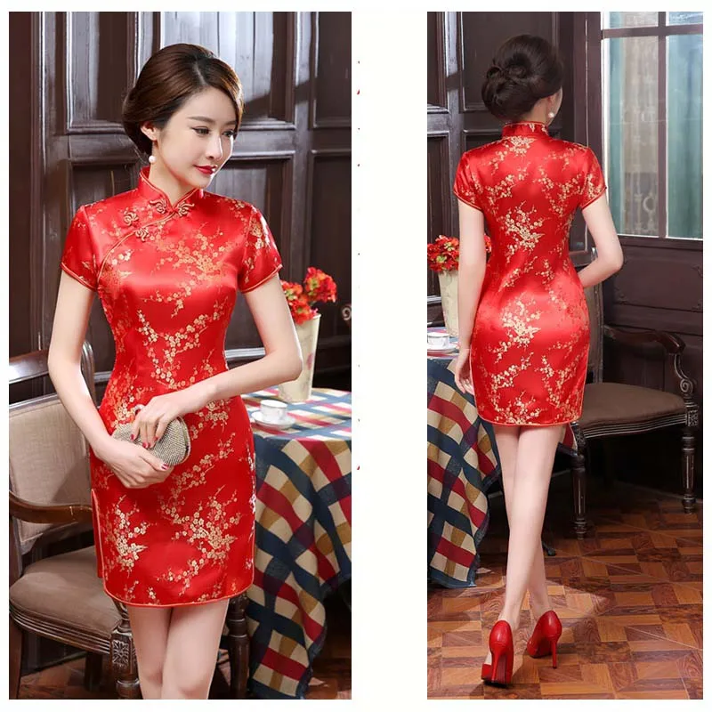 Gaun Cheongsam Pendek Gaun Ramping Gaun Floral Plum Antik Musim Panas Wanita Perbaikan 3XL 4XL