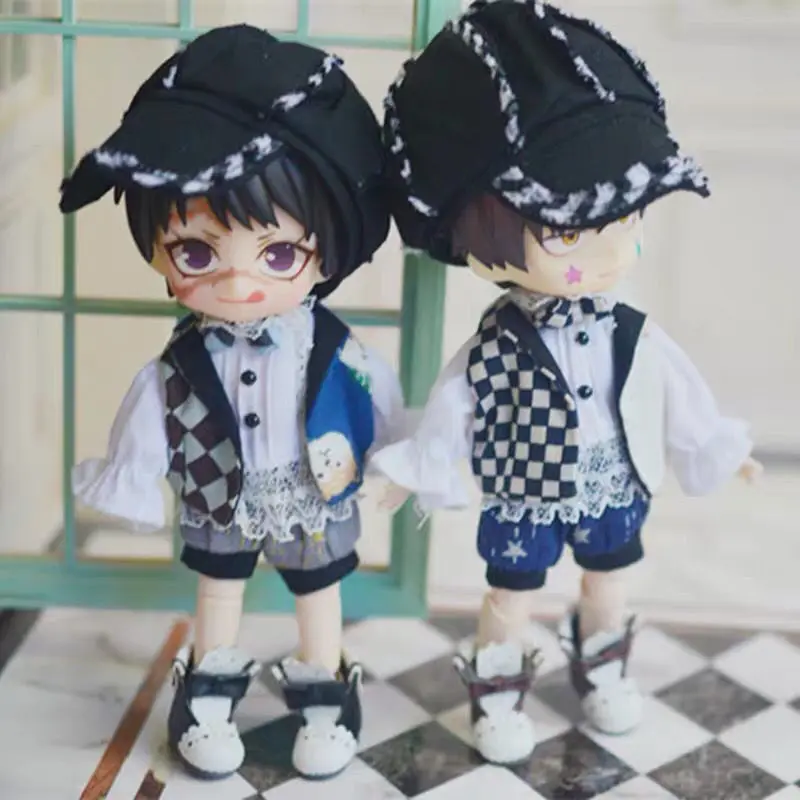 OB11 doll clothing is suitable for 1/12 size fashion white lace top + blue shorts + checked vest + cool hat classic 4 pieces