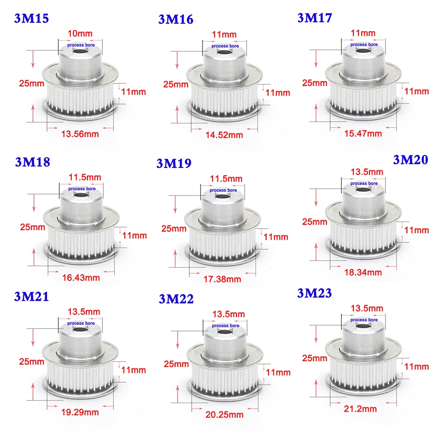 1PCS 3M 15 16 17 18 19 20 21 22 23 24 25 Tooth Synchronous Wheel Aluminum Alloy Synchronous Belt Pulley Width 11mm Process Hole