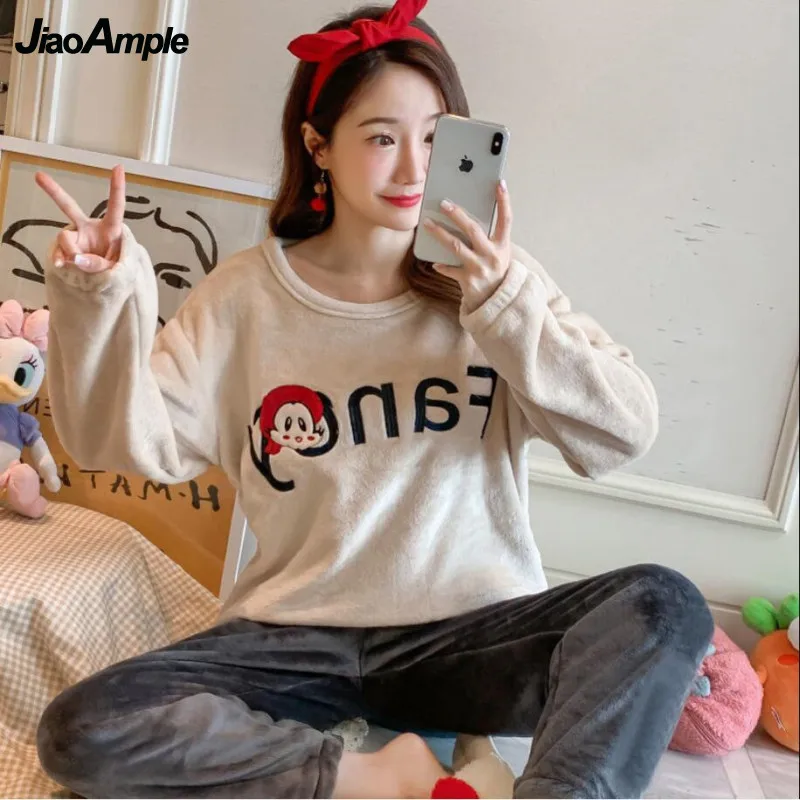 Flannel Pajamas Women Winter Warmth Thickened Long-sleeved Trousers Pijamas Two-piece Female Cute Nightwear Home Clothes Suit