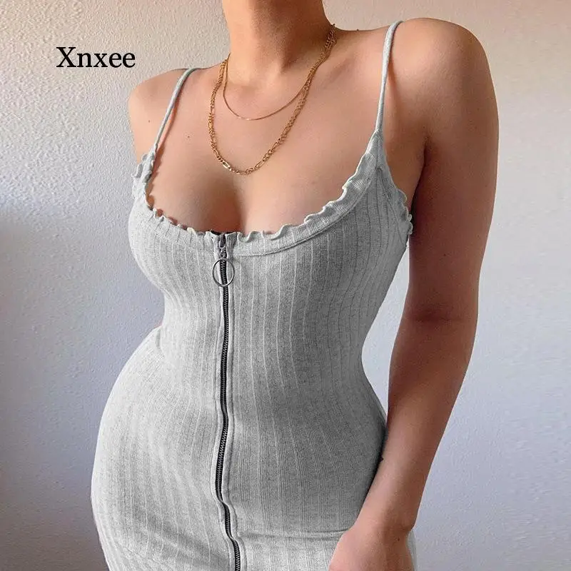 Ribbed Bodycon Dress Summer Spaghetti Straps Front Zipped Slim Backless Sexy Women Party Dress Gray Casual Dresses Clothing