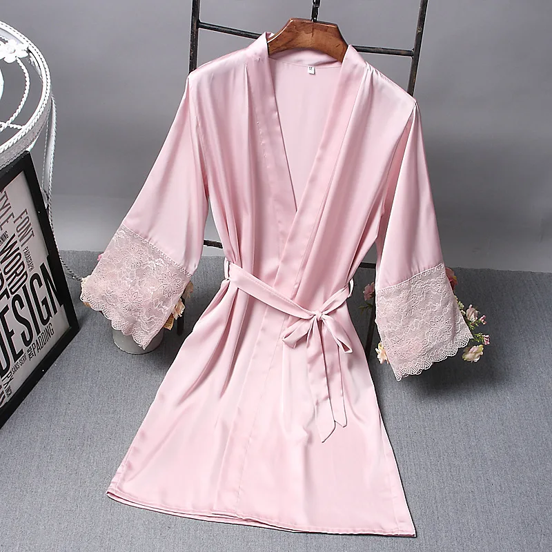 

Women Silk Satin Short Night Robe Solid Kimono Robe Sexy Lace Trim Bathrobe Peignoir Bride Bridesmaid Robe Fashion Dressing Gown