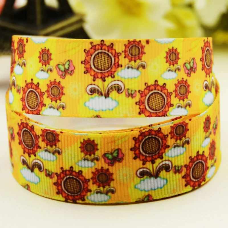 22mm 25mm 38mm 75mm Sunflower Cartoon printed Grosgrain Ribbon party decoration 10 Yards X-03403