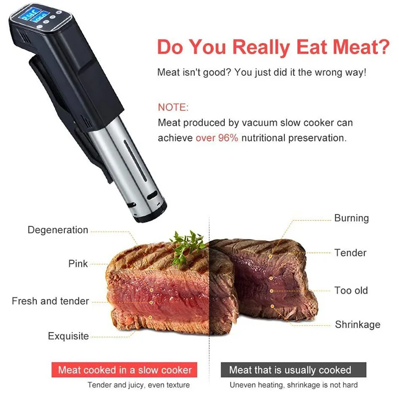 Portable Vacuum Slow Sous Vide Food Cooker 1000W Powerful Immersion Circulator Machine LCD Digital Timer Display Waterproof