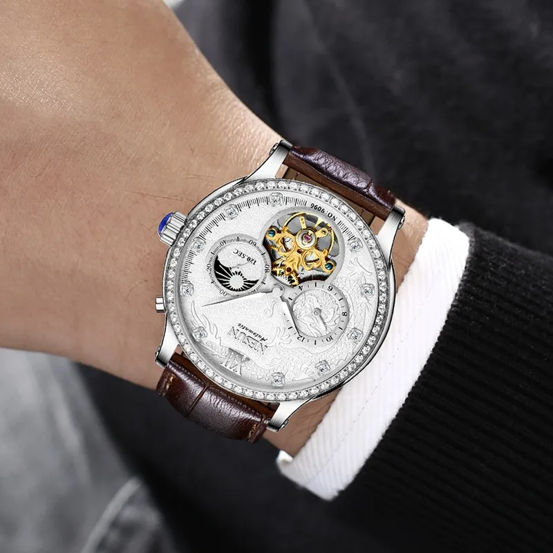 NESUN Automatic Men's Mechanical Watch Luxury Switzerland Brand Skeleton Flywheel 100M Waterproof Moon Phase Rhinestone N9096