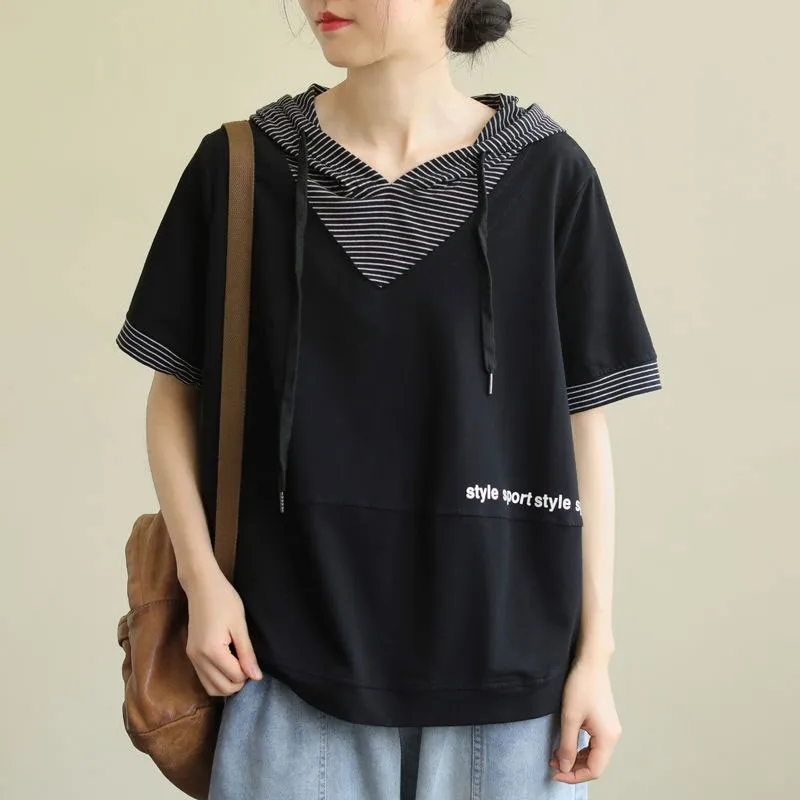 Summer New Korea Fashion Women Short Sleeve Loose T-shirt Patchwork Hooded Casual Tee Shirt Femme Cotton Tops M459
